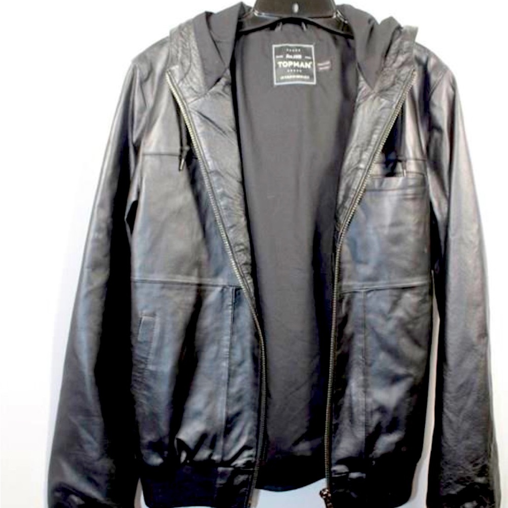 Men’s size S Topman Black Leather Jacket Full zip with hood